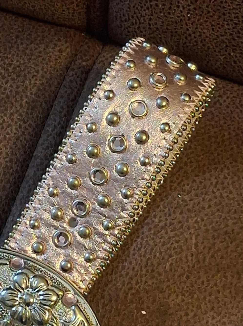 Studded Metallic Rosegold Pink Western Belt with Ornate Buckle 29 To 33 Inches